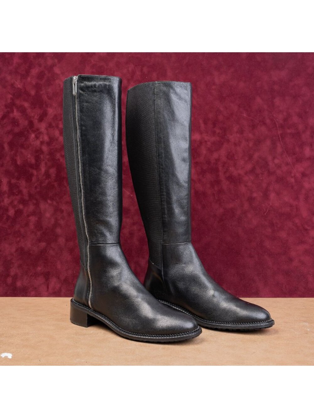 Aquatalia Women Stretch Classic Riding Zip Fashion Black Leather Knee Boots 10